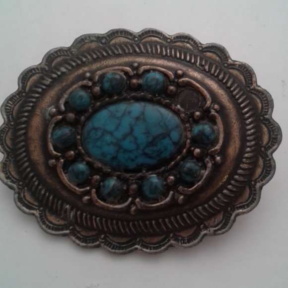 Vintage Belt Buckle Silvertone Copper Turquoise Stones Flaw